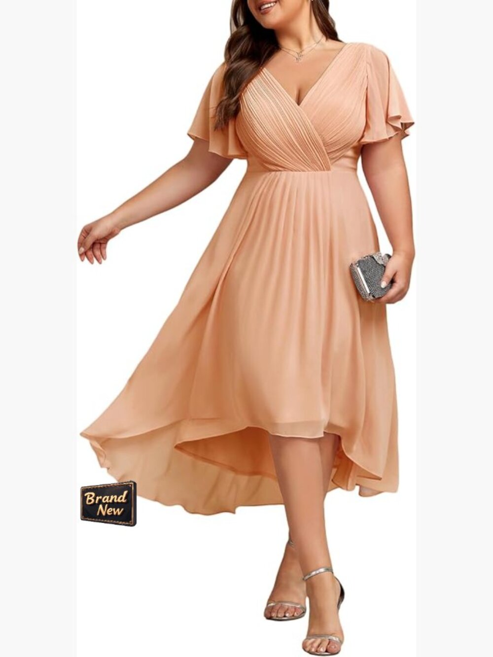 Plus Size High Low Chiffon Ruffle Sleeve V-Neck Formal Cocktail Dress
